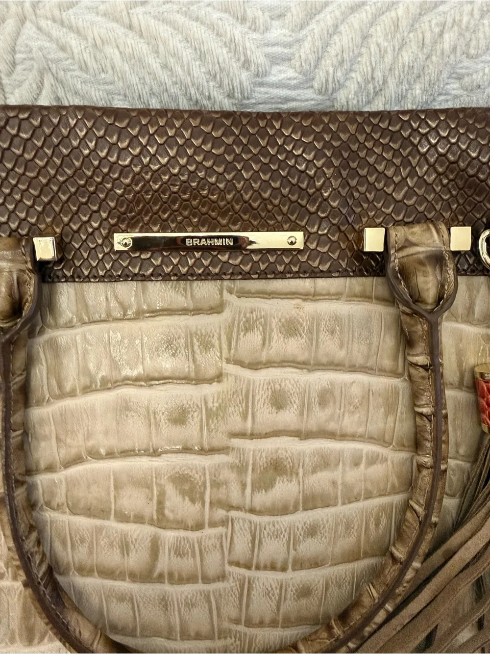 Croc-Embossed Tote in Beige and Brown with Red Trim